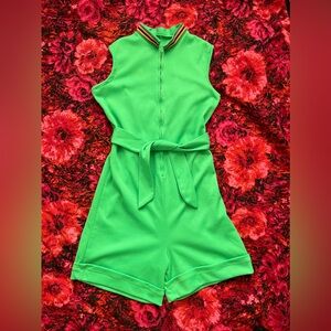 Vintage 70s Lime Green Polyester Romper Playsuit Tie Waist, XS